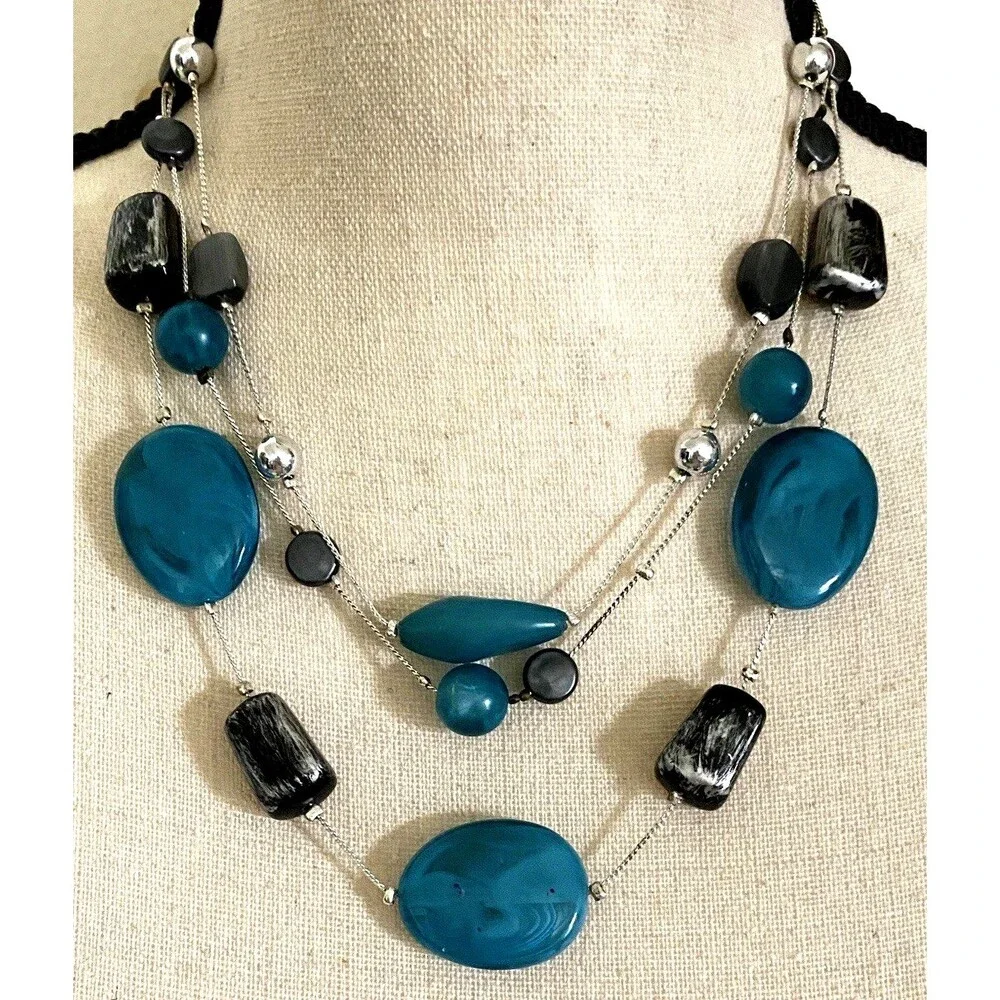 NY Chunky Teal Blue Beaded Statement Necklace Silver Tone Three Strand Fairy